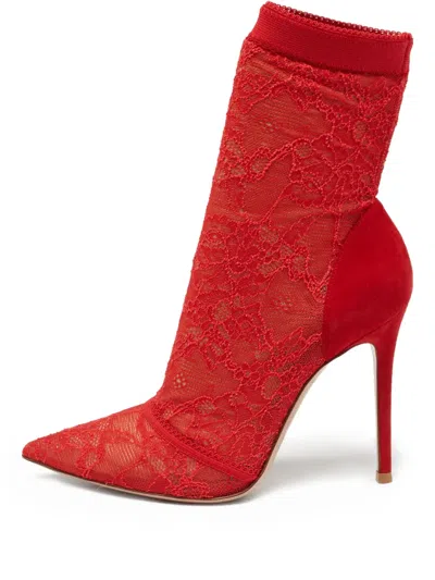Pre-owned Gianvito Rossi  110mm Lace-embellished Ankle Boots In Red