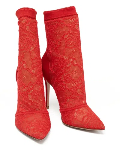 Pre-owned Gianvito Rossi  110mm Lace-embellished Ankle Boots In Red