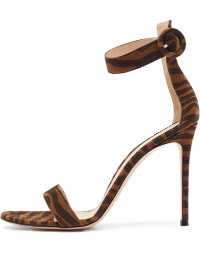 Pre-owned Gianvito Rossi  115mm Portofino Zebra-print Stiletto Sandals In Brown