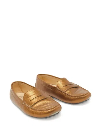 Pre-owned Tod's Vintage Metallic-finish Leather Loafers In Gold