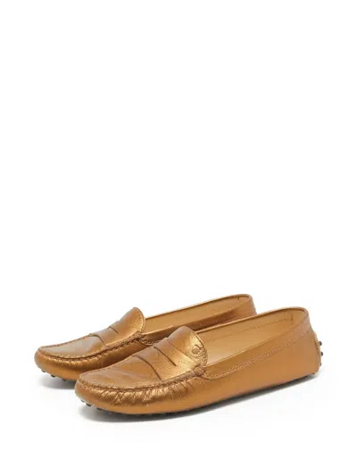 Pre-owned Tod's Vintage Metallic-finish Leather Loafers In Gold