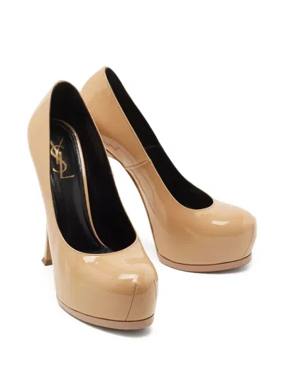 Pre-owned Saint Laurent 145mm Platform Stiletto Pumps In Neutral