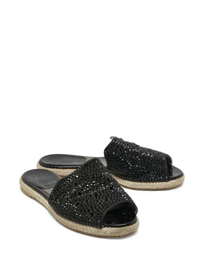 Pre-owned Gina  Crystal-embellished Flat Sandals In Black