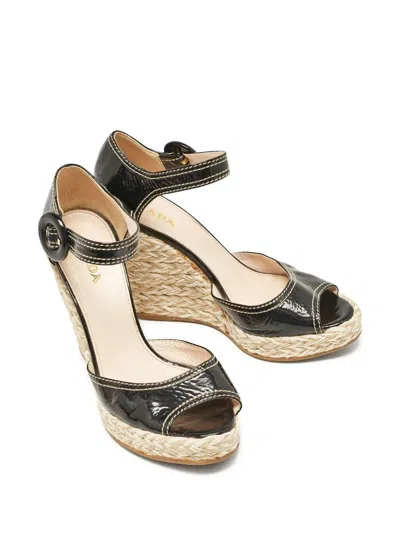 Pre-owned Prada 105mm Patent Wedge Espadrilles In Black