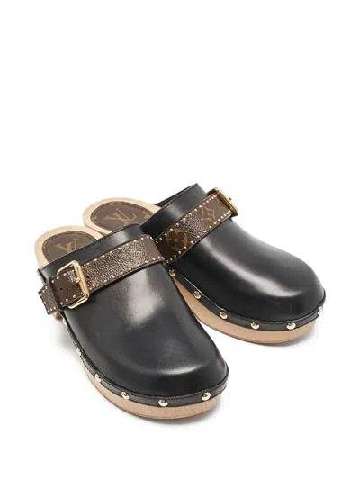 Pre-owned Louis Vuitton Monogram Leather Mules In Black