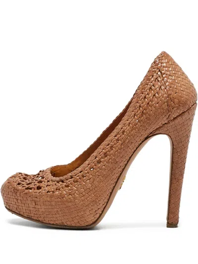 Pre-owned Prada 140mm Woven Platform Pumps