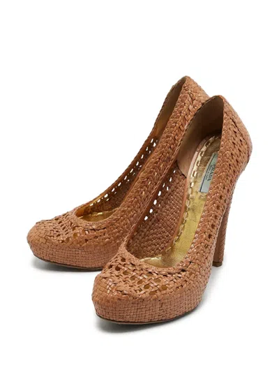 Pre-owned Prada 140mm Woven Platform Pumps