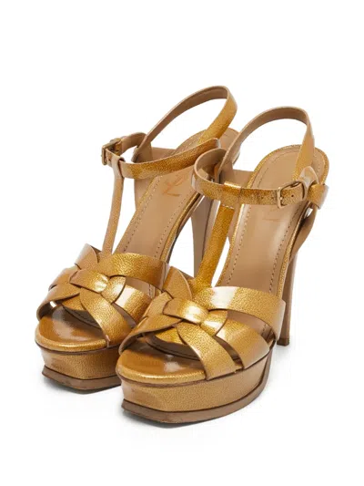 Pre-owned Saint Laurent T-strap Woven Platform Sandals
