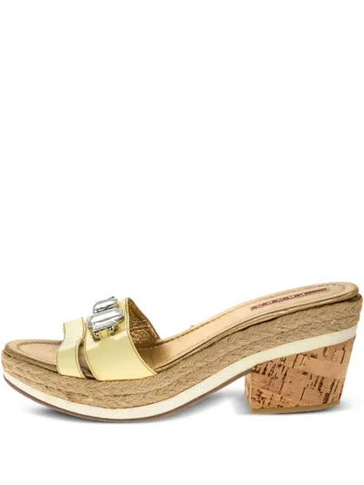 Pre-owned Prada Patent Leather Crystal Slides In Gold