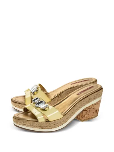 Pre-owned Prada Patent Leather Crystal Slides In Gold