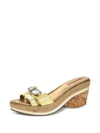 Pre-owned Prada Patent Leather Crystal Slides In Gold