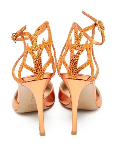 Pre-owned Gianvito Rossi  100mm Fleur Metallic-effect Pointed-toe Pumps In Orange