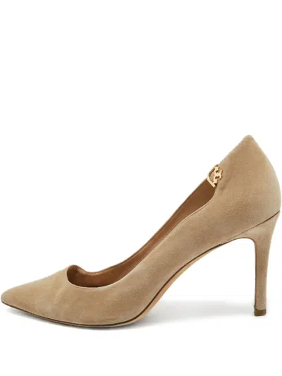 Pre-owned Tory Burch  90mm Elizabeth Pointed-toe Suede Pumps In Neutral