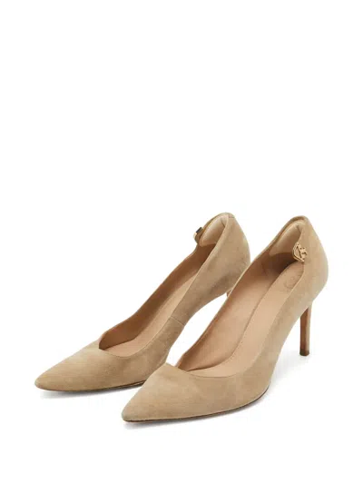 Pre-owned Tory Burch  90mm Elizabeth Pointed-toe Suede Pumps In Neutral