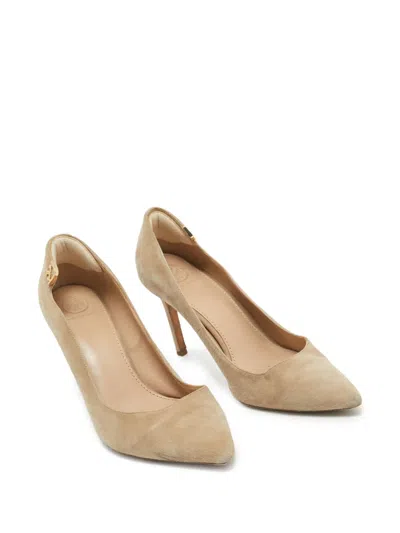 Pre-owned Tory Burch  90mm Elizabeth Pointed-toe Suede Pumps In Neutral