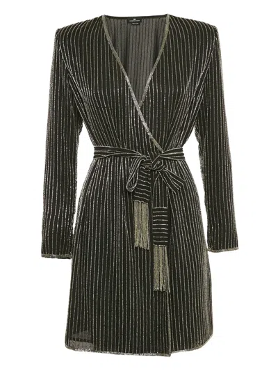 Pre-owned Elisabetta Franchi  Pinstriped Wrap Dress In Black