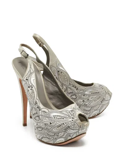 Pre-owned Gina 150mm Peep-toe Heeled Pumps In Gray