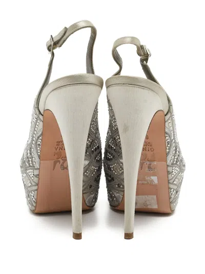 Pre-owned Gina 150mm Peep-toe Heeled Pumps In Gray