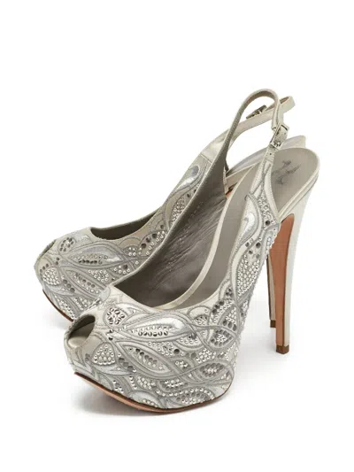 Pre-owned Gina 150mm Peep-toe Heeled Pumps In Gray