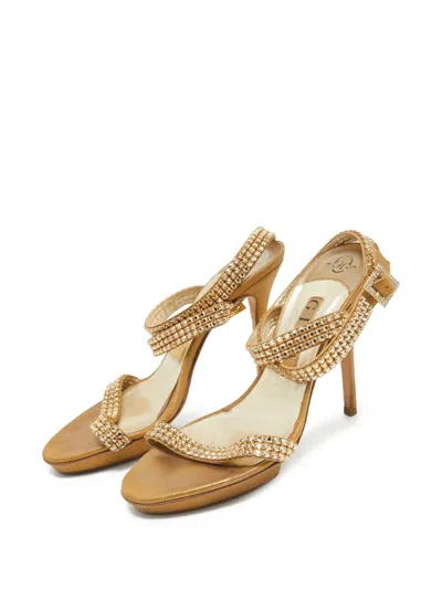 Pre-owned Gina  120mm Crystal-embellished Strappy Sandals In Gold