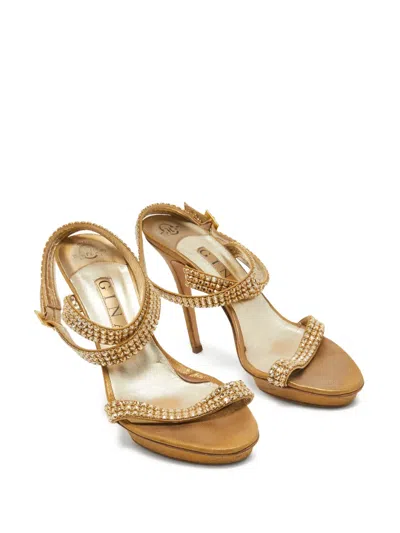 Pre-owned Gina  120mm Crystal-embellished Strappy Sandals In Gold