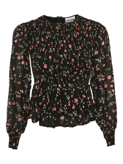 Pre-owned Ganni Floral Print Smocked Blouse