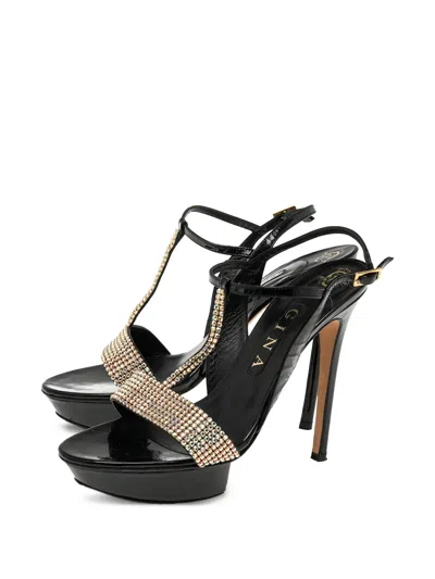 Pre-owned Gina  135mm Rhinestone-embellished Sandals In Black