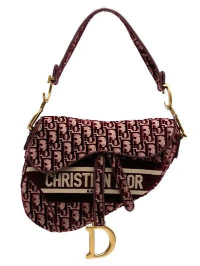 Pre-owned Dior 2020 Oblique Embroidered Velvet Saddle Bag Shoulder Bag In Red