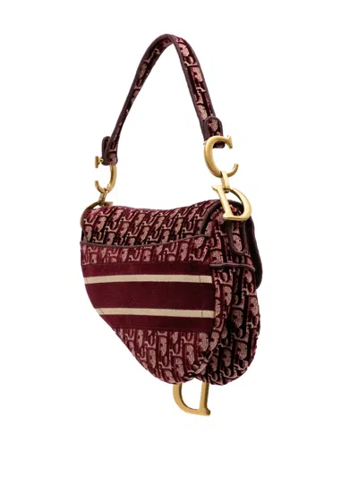Pre-owned Dior 2020 Oblique Embroidered Velvet Saddle Bag Shoulder Bag In Red