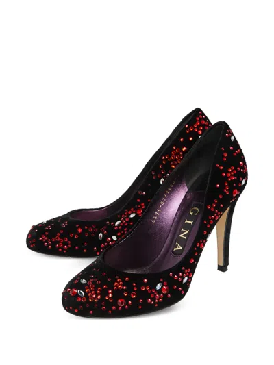 Pre-owned Gina 100mm Crystal-embellished Velvet Pumps In Black