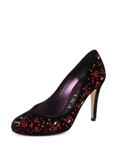 Pre-owned Gina 100mm Crystal-embellished Velvet Pumps In Black