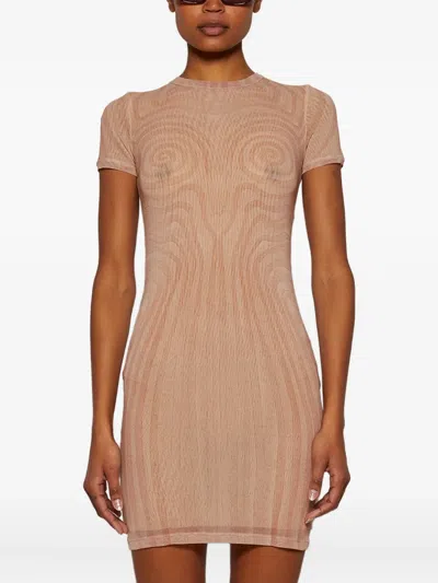 Jean Paul Gaultier Sheer Mesh Spiral Print Dress Pale Pink In Neutral