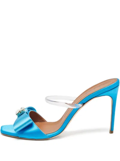 Pre-owned Malone Souliers  95mm Emily Satin Bow-detail Stiletto Mules In Blue