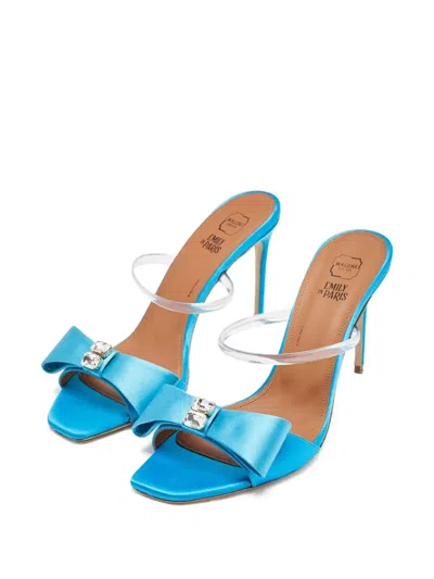 Pre-owned Malone Souliers  95mm Emily Satin Bow-detail Stiletto Mules In Blue