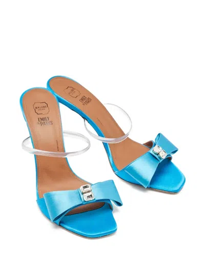 Pre-owned Malone Souliers  95mm Emily Satin Bow-detail Stiletto Mules In Blue