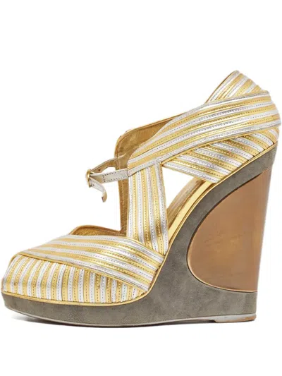 Pre-owned Saint Laurent Striped Metallic Wedge Sandals