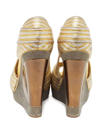 Pre-owned Saint Laurent Striped Metallic Wedge Sandals