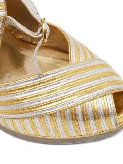 Pre-owned Saint Laurent Striped Metallic Wedge Sandals
