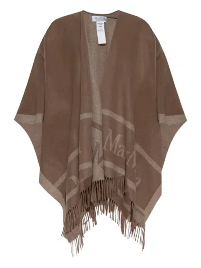 Max Mara Fringed Shawl Poncho In Brown