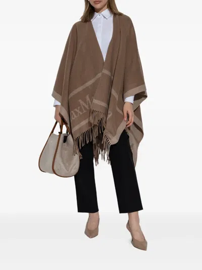 Max Mara Fringed Shawl Poncho In Brown