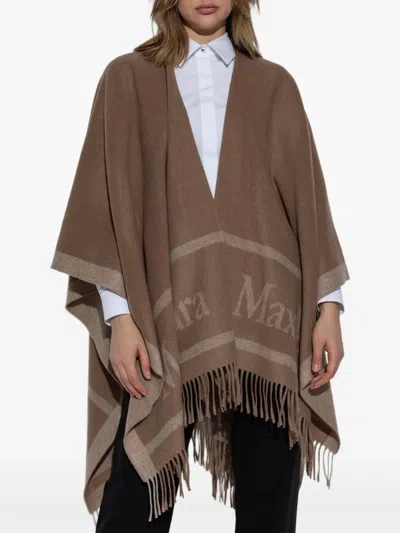 Max Mara Fringed Shawl Poncho In Brown
