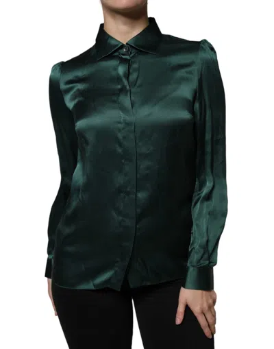 Dolce & Gabbana Dark Green Silk Button Down Long Sleeves Blouse Top In Green