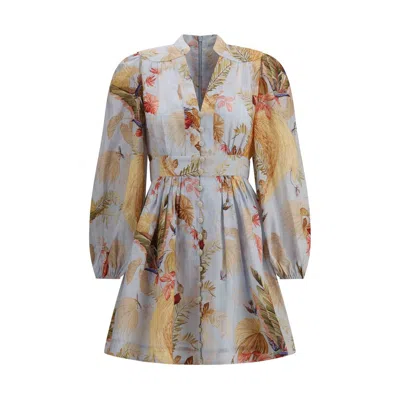 Zimmermann Ascension Light Blue Mini Dress With Flared Skirt And All-over Print In Linen Woman In Neutral