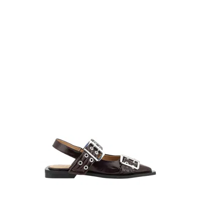 Ganni Pointed Toe Black Ballerinas With Eyelet-accented Buckle Detail In Black