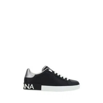 Dolce & Gabbana Portofino Sneakers In Black Leather With Silver Inserts In Black