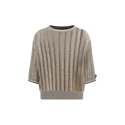 Brunello Cucinelli Women Openwork Knit Pattern Sweater With Sequins In Brown