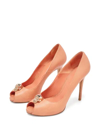 Pre-owned Alexander Mcqueen 115mm Skull-embellished Pumps In Orange