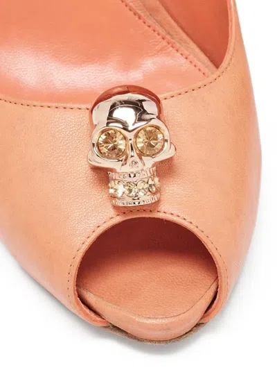 Pre-owned Alexander Mcqueen 115mm Skull-embellished Pumps In Orange