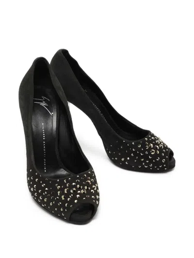 Pre-owned Giuseppe Zanotti Vintage 110mm Studded Peep-toe Heels In Black