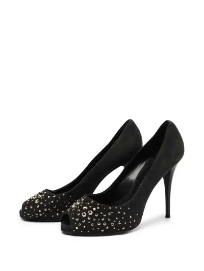 Pre-owned Giuseppe Zanotti Vintage 110mm Studded Peep-toe Heels In Black